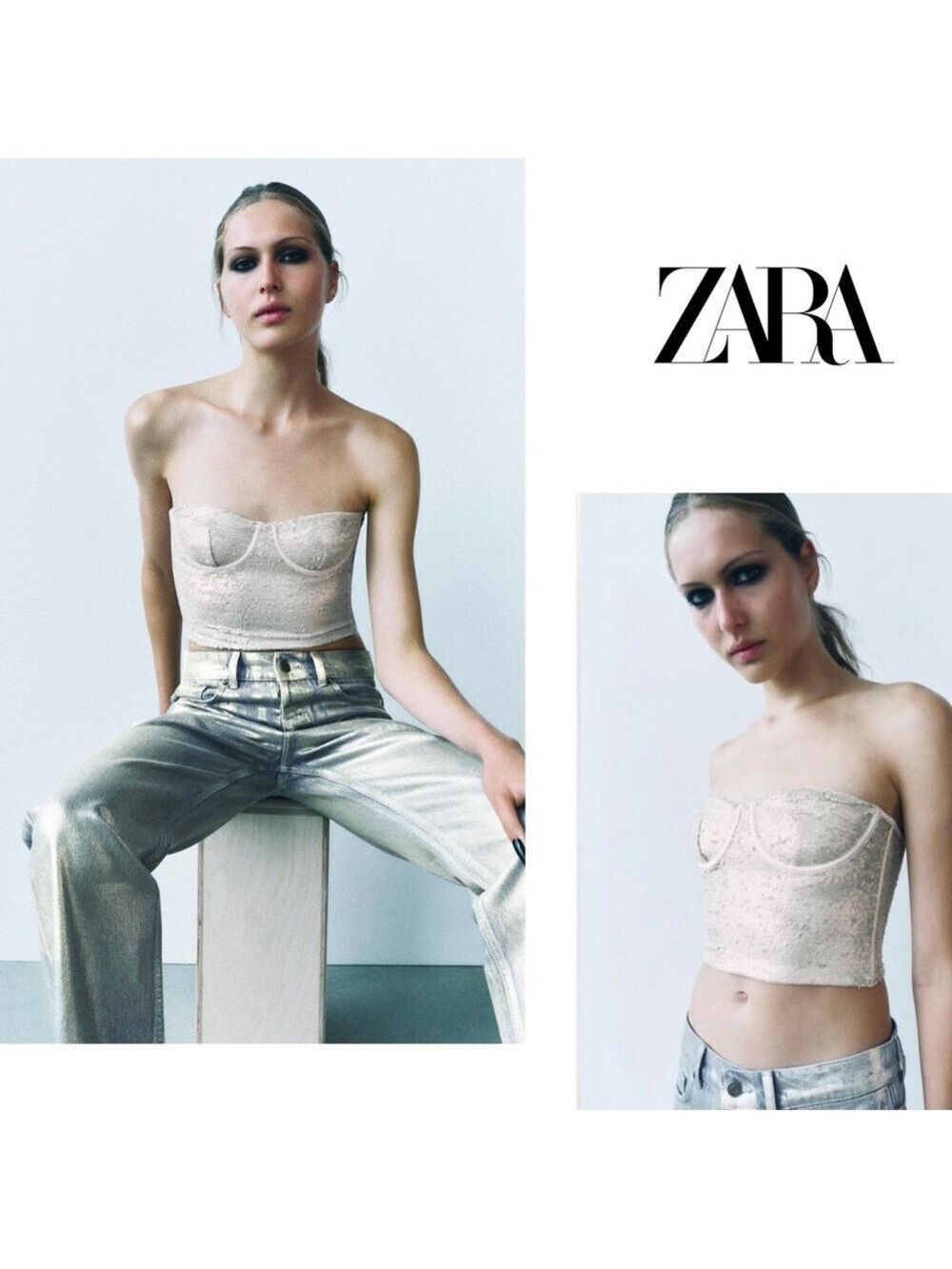 Zara cream champagne sequin corset bustier strapless crop top sparkly Sz S